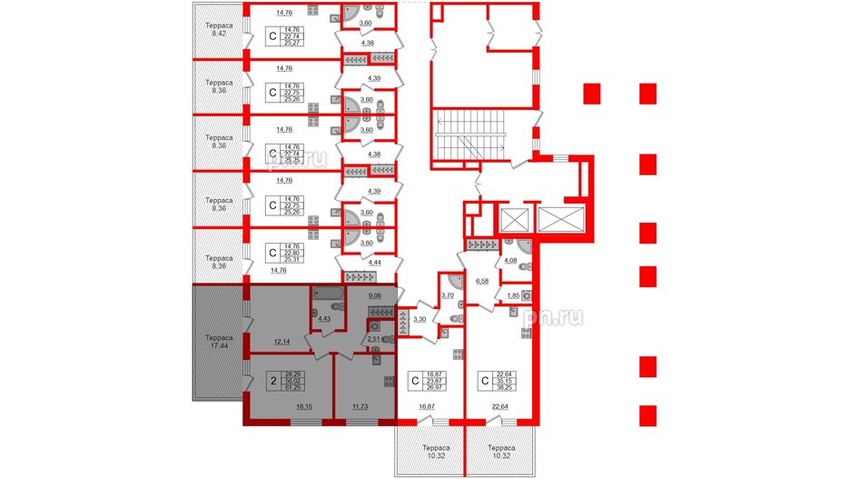 Апартаменты в ЖК Берег. Курортный, 2 комнатные, 61.25 м², 1 этаж