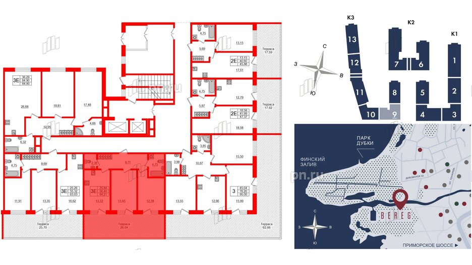 Апартаменты в ЖК Берег. Курортный, 2 комнатные, 64.2 м², 1 этаж