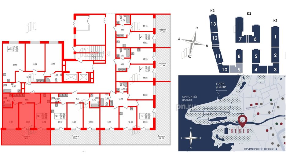 Апартаменты в ЖК Берег. Курортный, 2 комнатные, 63.03 м², 1 этаж