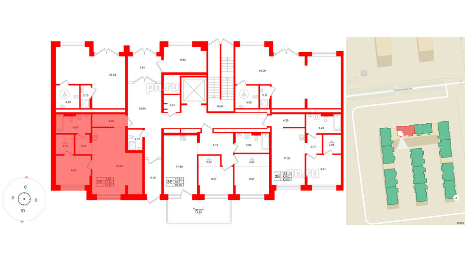 Квартира в ЖК «Брусника в Новоселье», 1 комнатная, 51.64 м², 1 этаж