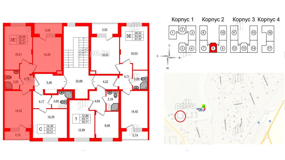 Квартира в ЖК Верево Сити, 2 комнатная, 56.57 м², 2 этаж