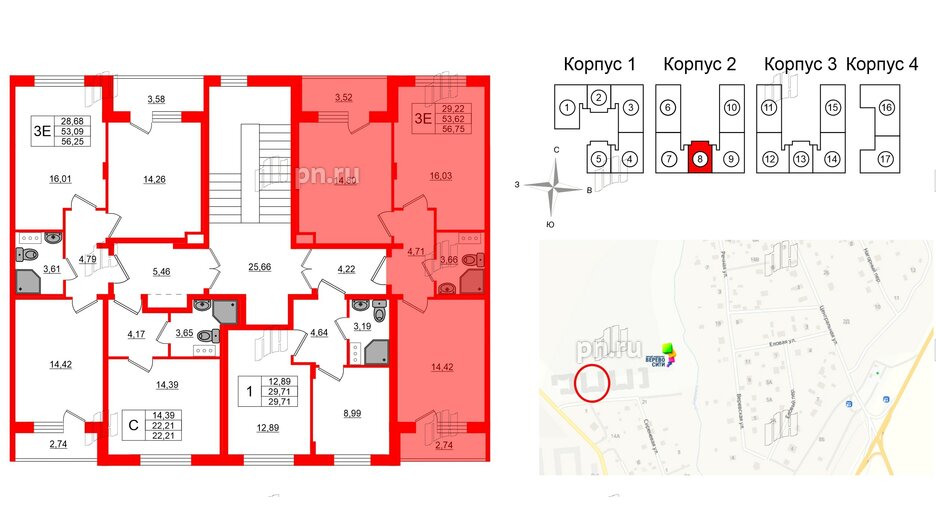 Квартира в ЖК Верево Сити, 2 комнатная, 56.75 м², 3 этаж