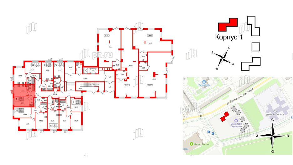 Квартира в ЖК VEREN NORT Сертолово, 1 комнатная, 32.5 м², 1 этаж