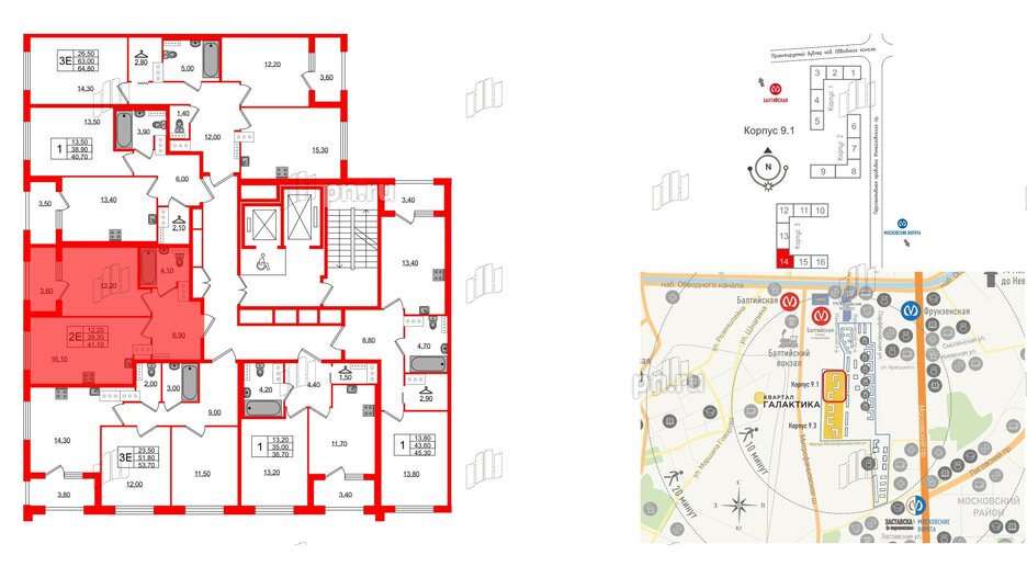 Квартира в ЖК 'Галактика', 1 комнатная, 41.3 м², 17 этаж