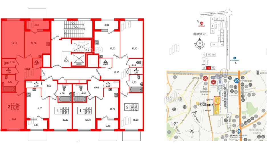 Квартира в ЖК 'Галактика', 2 комнатная, 66.7 м², 2 этаж