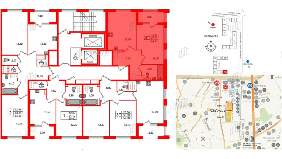 Квартира в ЖК 'Галактика', 1 комнатная, 43.9 м², 18 этаж