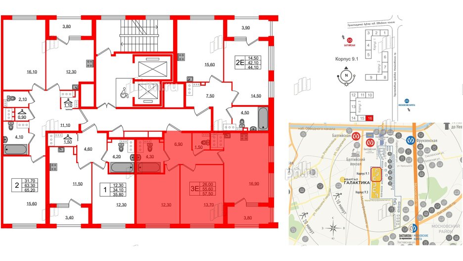 Квартира в ЖК 'Галактика', 2 комнатная, 57.6 м², 18 этаж