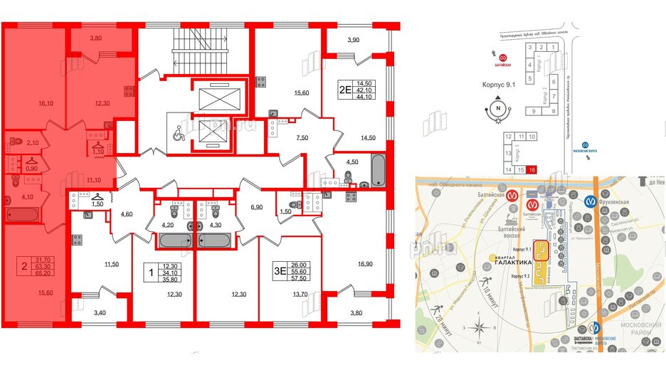 Квартира в ЖК 'Галактика', 2 комнатная, 64.8 м², 18 этаж