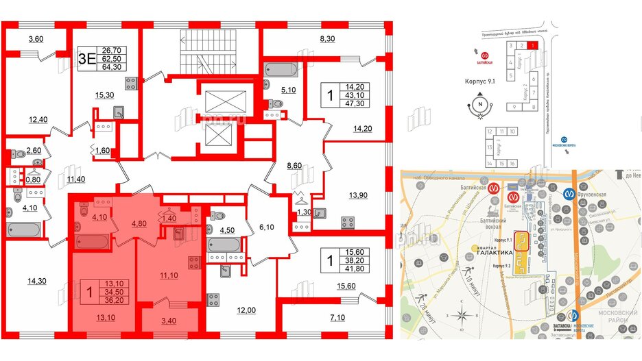 Квартира в ЖК 'Галактика', 1 комнатная, 36.1 м², 18 этаж