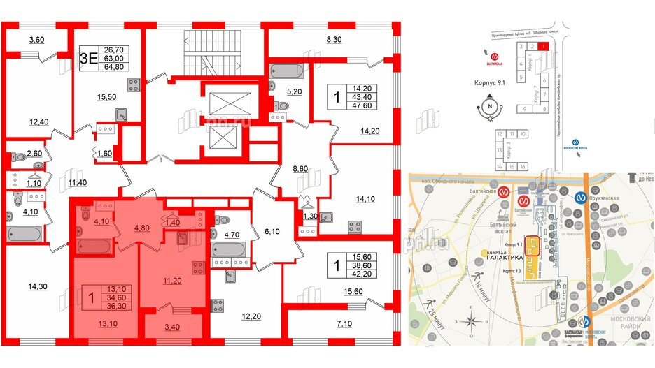 Квартира в ЖК 'Галактика', 1 комнатная, 36.3 м², 13 этаж