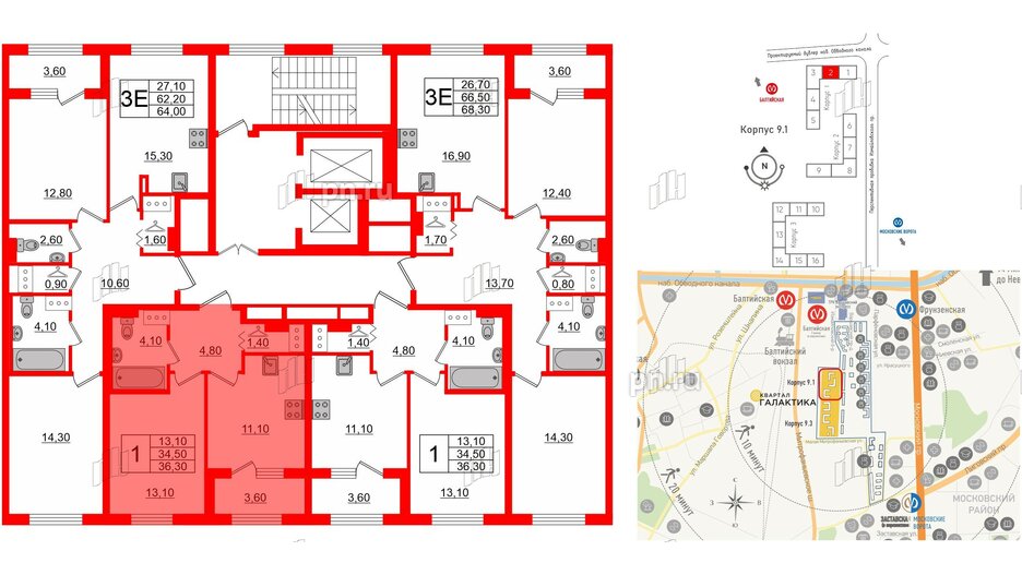 Квартира в ЖК 'Галактика', 1 комнатная, 36.1 м², 18 этаж