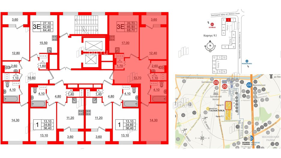 Квартира в ЖК 'Галактика', 2 комнатная, 68.6 м², 6 этаж