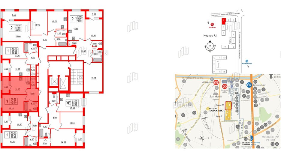 Квартира в ЖК 'Галактика', 1 комнатная, 36.8 м², 7 этаж