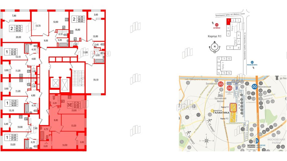 Квартира в ЖК 'Галактика', 2 комнатная, 65.4 м², 18 этаж