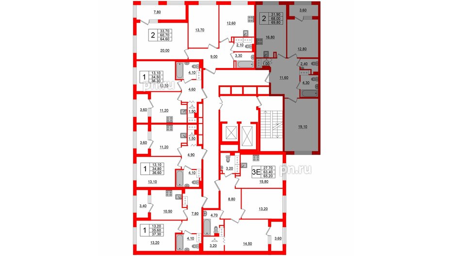 Квартира в ЖК 'Галактика', 2 комнатная, 69.6 м², 18 этаж