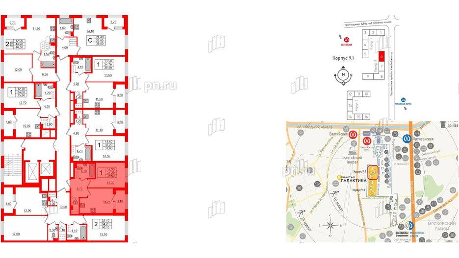 Квартира в ЖК 'Галактика', 1 комнатная, 35.9 м², 5 этаж