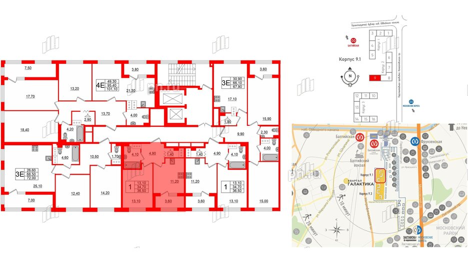 Квартира в ЖК 'Галактика', 1 комнатная, 36.5 м², 11 этаж