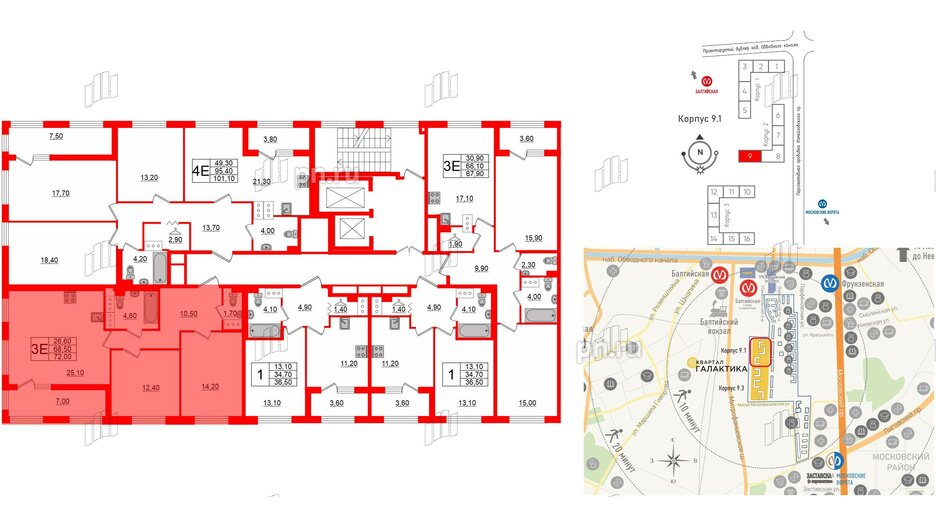 Квартира в ЖК 'Галактика', 2 комнатная, 72 м², 12 этаж