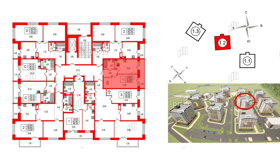 Квартира в ЖК Эко Гармония, 1 комнатная, 39.32 м², 9 этаж