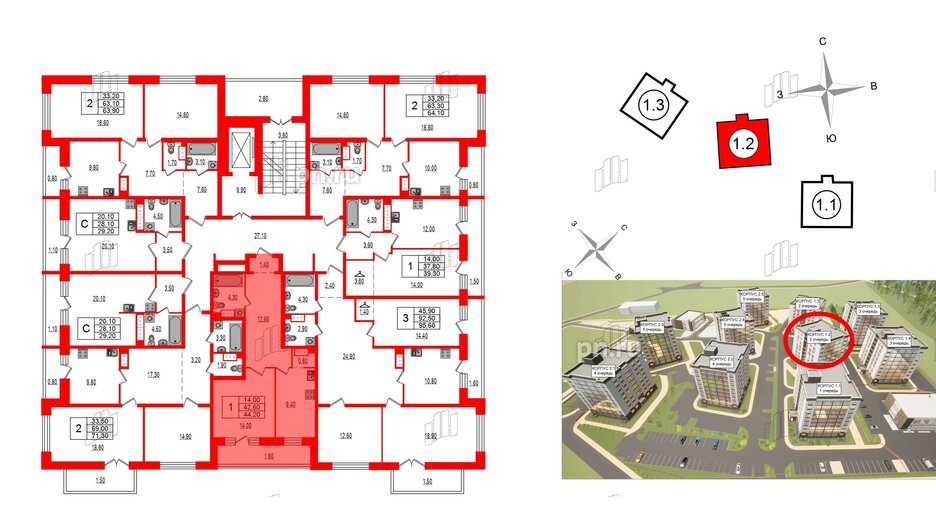 Квартира в ЖК Эко Гармония, 1 комнатная, 45.04 м², 9 этаж