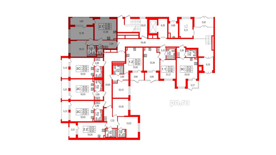 Квартира в ЖК 'Дворцовый фасад', 2 комнатная, 51.69 м², 1 этаж