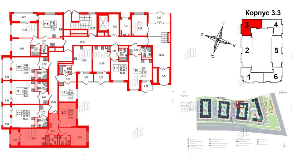 Квартира в ЖК 'Дворцовый фасад', 2 комнатная, 51.44 м², 1 этаж