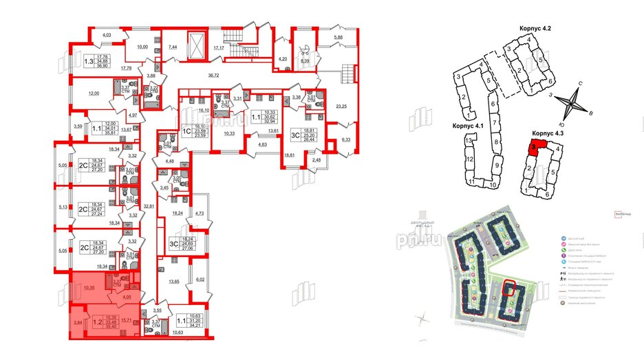 Квартира в ЖК 'Дворцовый фасад', 1 комнатная, 33.48 м², 1 этаж