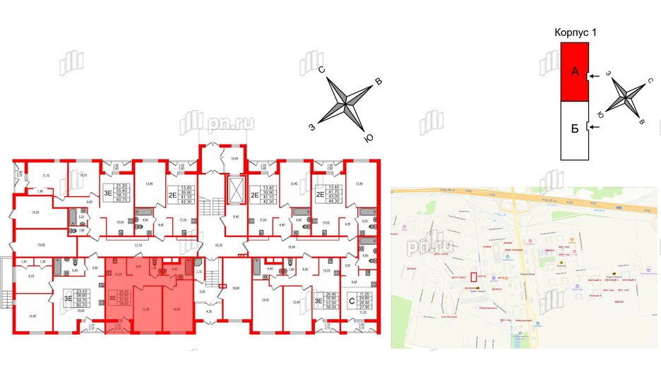 Квартира в ЖК Дзета, 2 комнатная, 57 м², 1 этаж