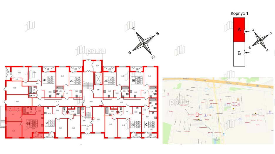 Квартира в ЖК Дзета, 2 комнатная, 59.7 м², 1 этаж