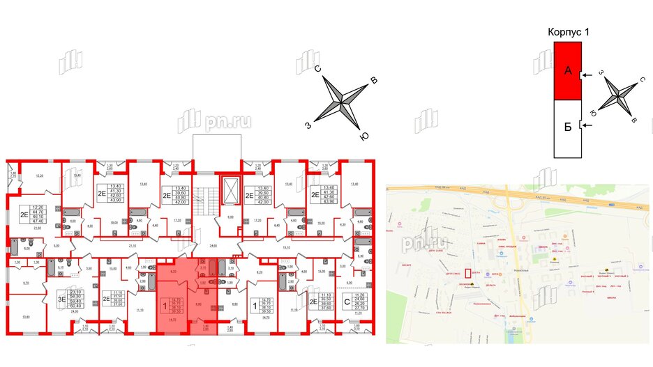 Квартира в ЖК Дзета, 1 комнатная, 38.1 м², 2 этаж