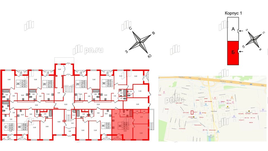 Квартира в ЖК Дзета, 2 комнатная, 59.7 м², 1 этаж