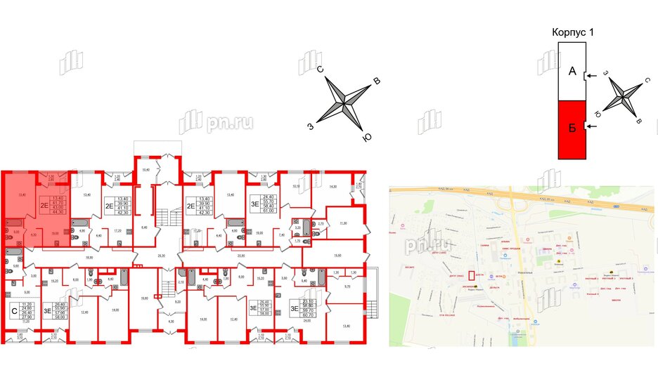 Квартира в ЖК Дзета, 1 комнатная, 43 м², 1 этаж