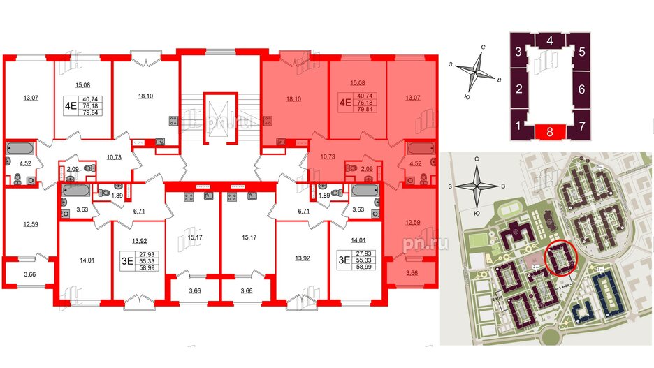 Квартира в ЖК Дубровский, 3 комнатная, 76.18 м², 3 этаж