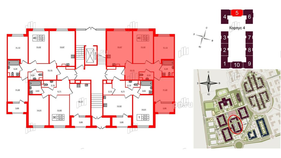 Квартира в ЖК Дубровский, 3 комнатная, 74.26 м², 1 этаж