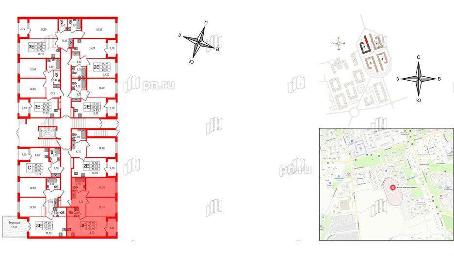 Квартира в ЖК Дубровский, 2 комнатная, 65.4 м², 1 этаж