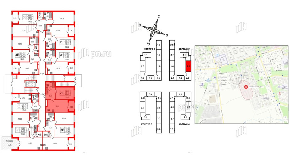 Квартира в ЖК Дубровский, 1 комнатная, 43.6 м², 1 этаж