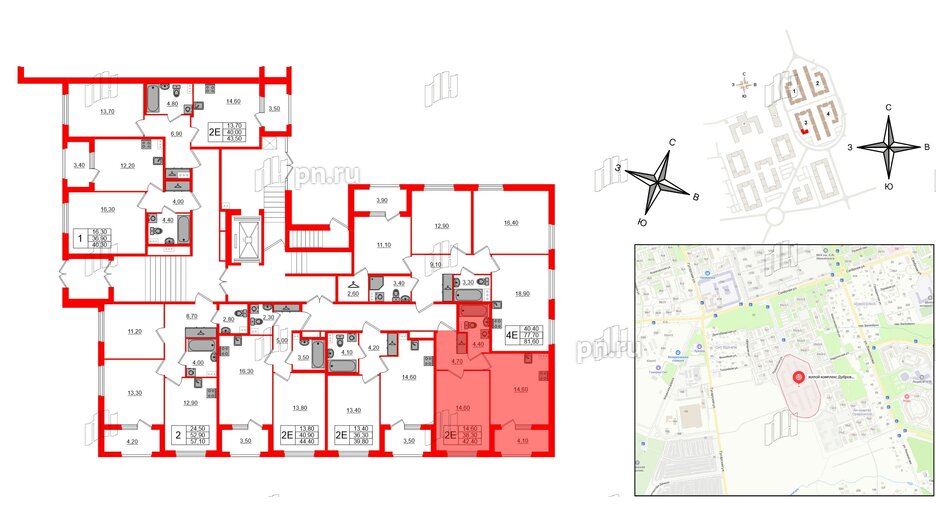 Квартира в ЖК Дубровский, 1 комнатная, 42.4 м², 1 этаж