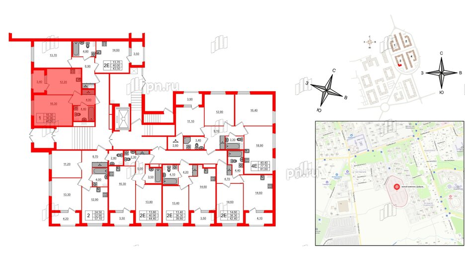 Квартира в ЖК Дубровский, 1 комнатная, 40.3 м², 1 этаж