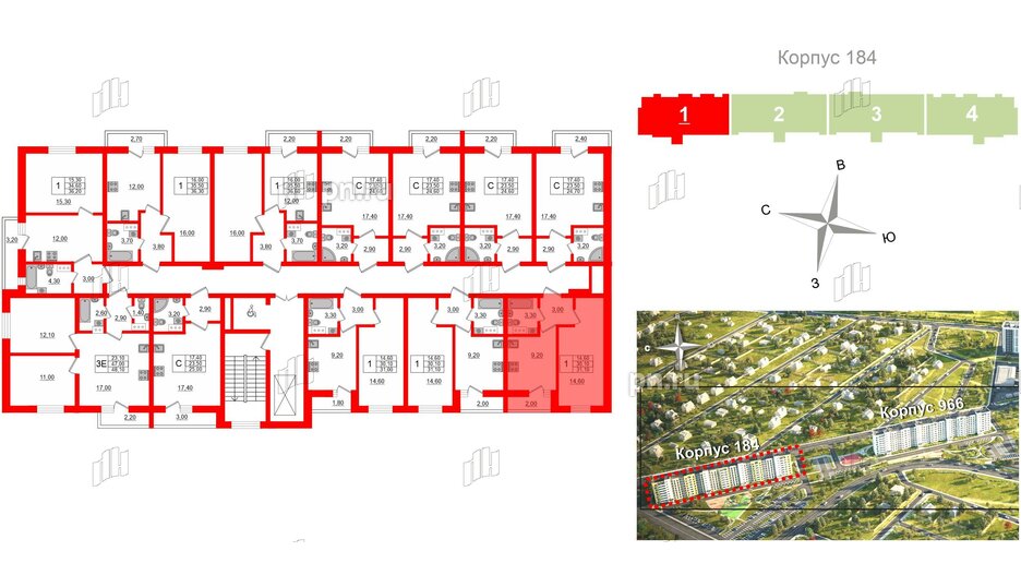 Квартира в ЖК «Дуэт», 1 комнатная, 31.5 м², 3 этаж