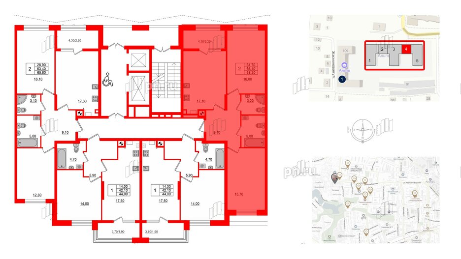 Квартира в ЖК «Альпы», 2 комнатная, 68.3 м², 2 этаж