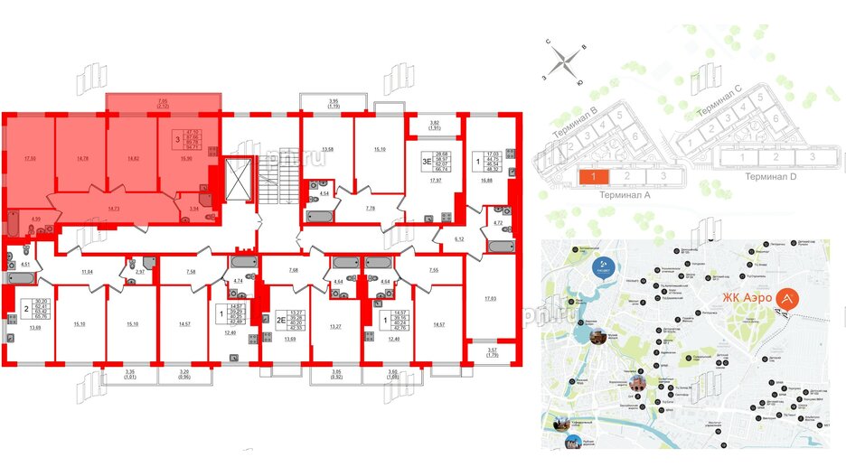 Квартира в ЖК «АЭРО», 3 комнатная, 89.78 м², 7 этаж