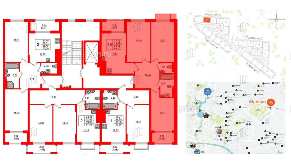 Квартира в ЖК «АЭРО», 3 комнатная, 82.96 м², 4 этаж