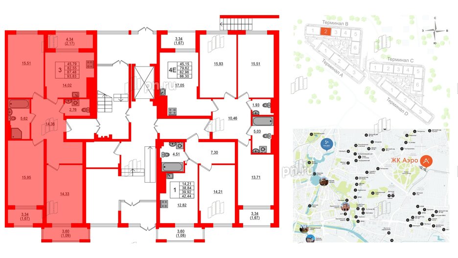 Квартира в ЖК «АЭРО», 3 комнатная, 87.48 м², 1 этаж