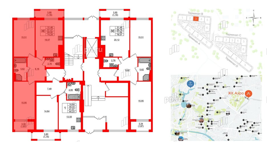 Квартира в ЖК «АЭРО», 2 комнатная, 69.9 м², 1 этаж