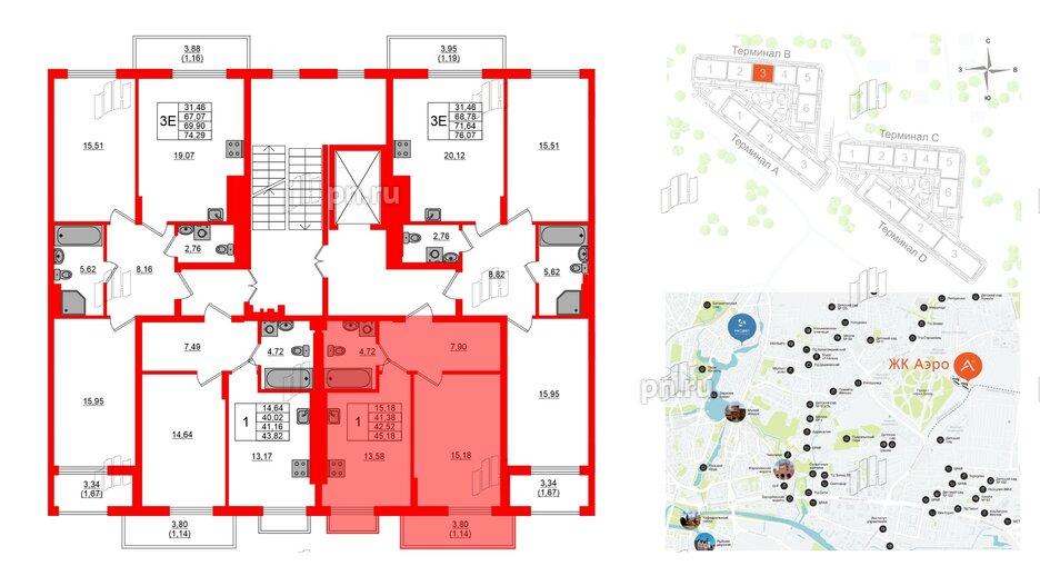 Квартира в ЖК «АЭРО», 1 комнатная, 42.52 м², 7 этаж