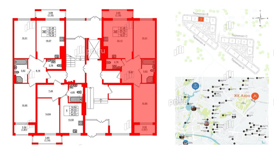 Квартира в ЖК «АЭРО», 2 комнатная, 71.64 м², 1 этаж