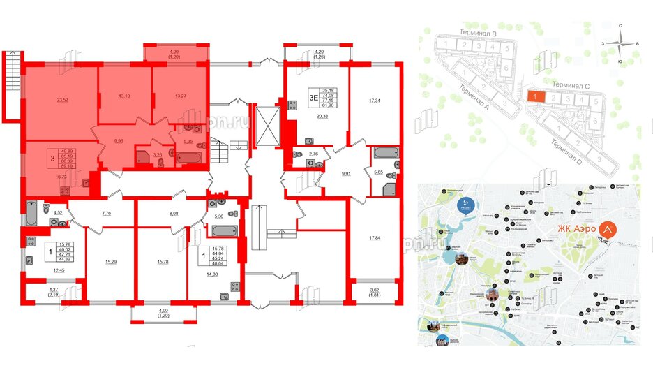 Квартира в ЖК «АЭРО», 3 комнатная, 86.39 м², 1 этаж