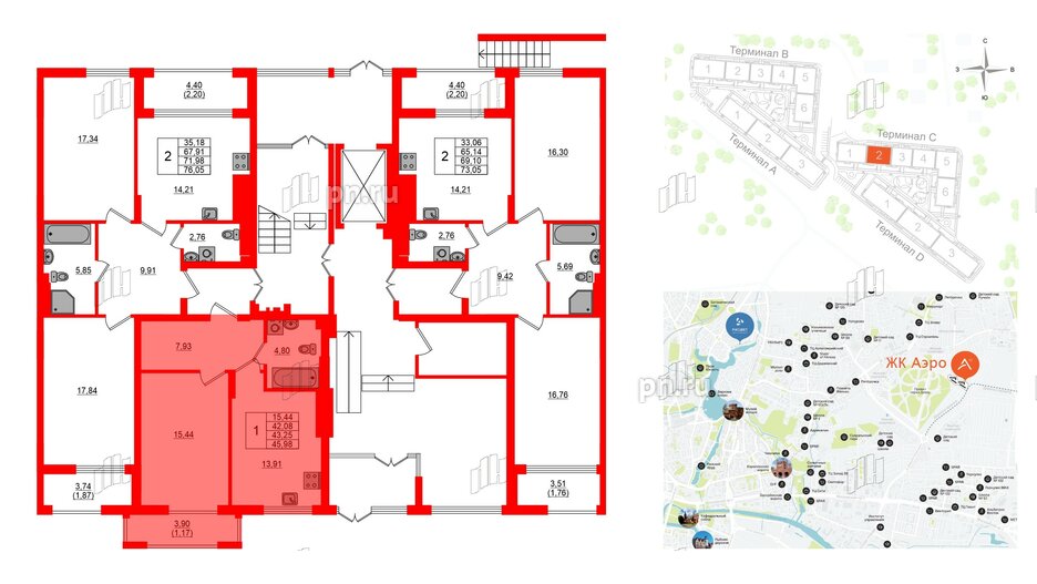 Квартира в ЖК «АЭРО», 1 комнатная, 43.25 м², 1 этаж