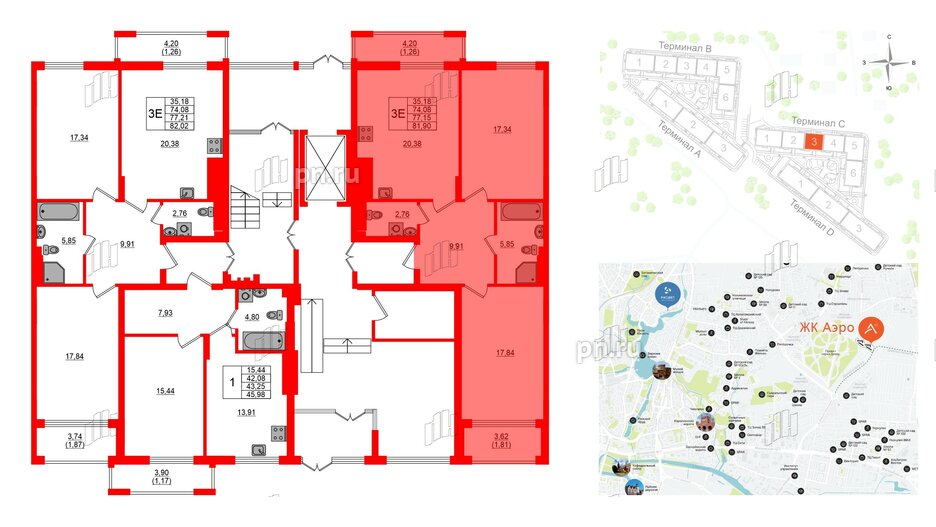 Квартира в ЖК «АЭРО», 2 комнатная, 77.15 м², 1 этаж