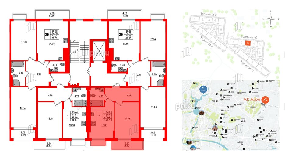 Квартира в ЖК «АЭРО», 1 комнатная, 42.84 м², 7 этаж